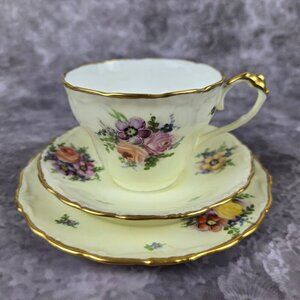 Vintage Porcelain 3 Piece Set Cup, Saucer, Snack Plate Floral Pattern Gold Trim